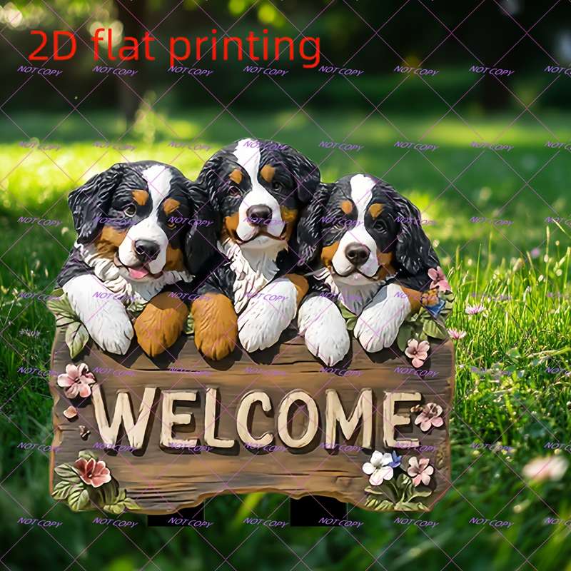 1pc 2D Flat  Printing Acrylic Bernard Mountain Dog Welcome Sign Garden Stake Suitable for Flowerpot