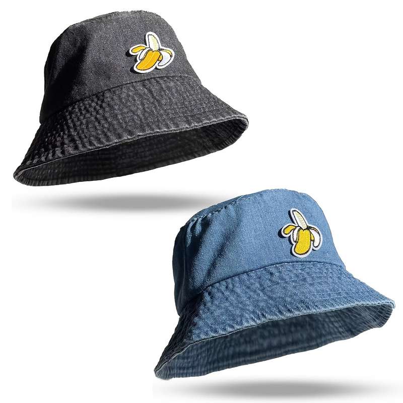 1pc Unisex Embroidered Banana Bucket Hat 100% Polyester Denim Fisherman Cap Soft Washed Fabri