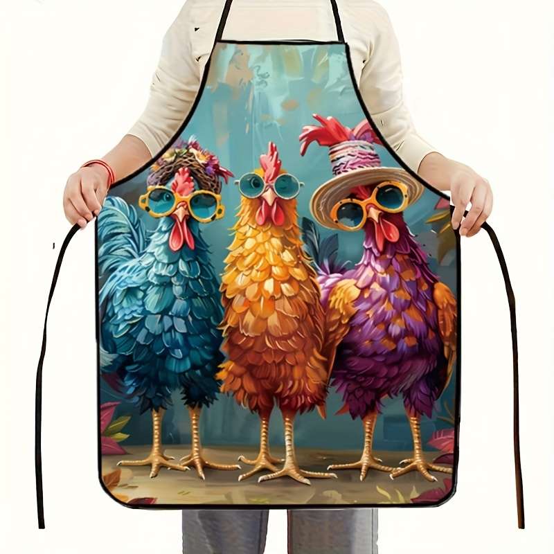 1pc Colorful Chicken Pattern Kitchen Apron   100% Polyester   Whimsical Rooster Design with Fashion