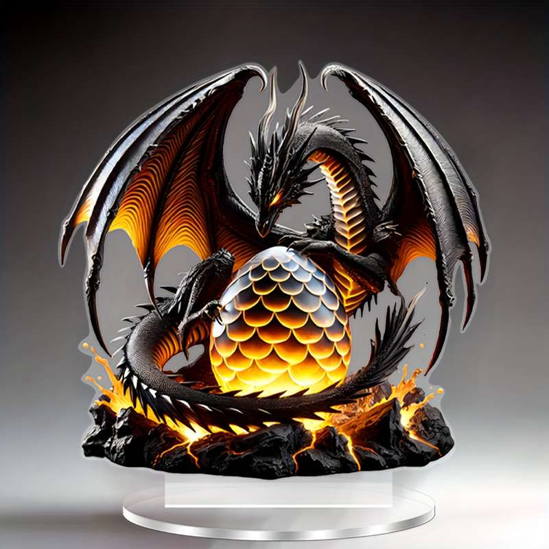 1pc 2D Flat    Acrylic Decorative Plaque Statue Majestic Black Dragon with Fiery Egg