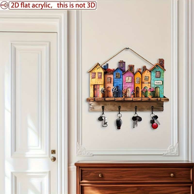1pc Classic Home Wooden Wall Keychain 29.97cm X 22.86cm with 4 Metal Hooks Multipurpose Home Deco