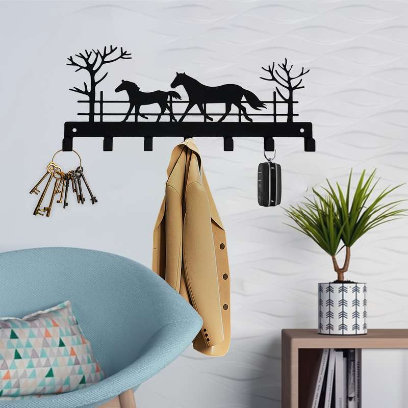 1pc Metal Wall Mount Key Holder Boho Style Black with 7 Hooks Easy Install for Entryw