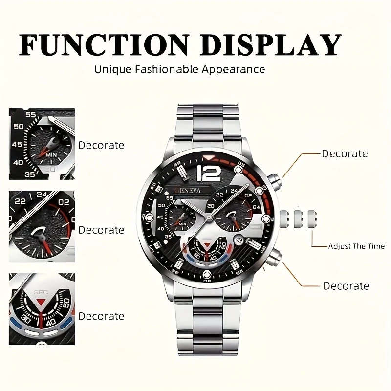 2pcs set Men'S Casual Quartz Watch Alloy Round Dial Battery Powered Electronic Movement Pointer Disp