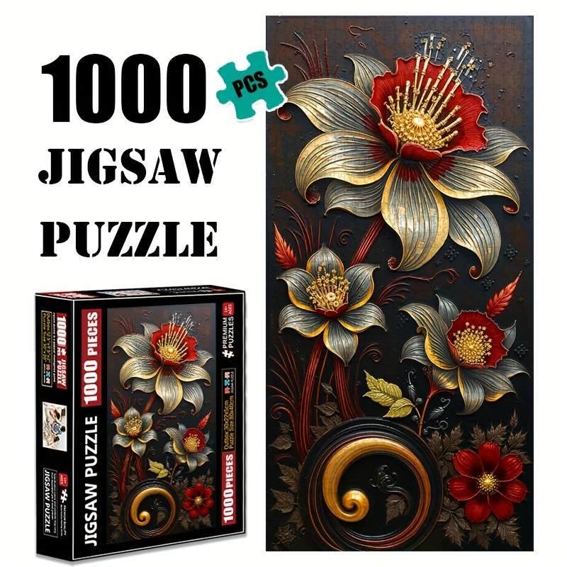 1000pcs Jigsaw Puzzle Elegant Golden Leaf Red Flower Design 80x40cm Waterproof