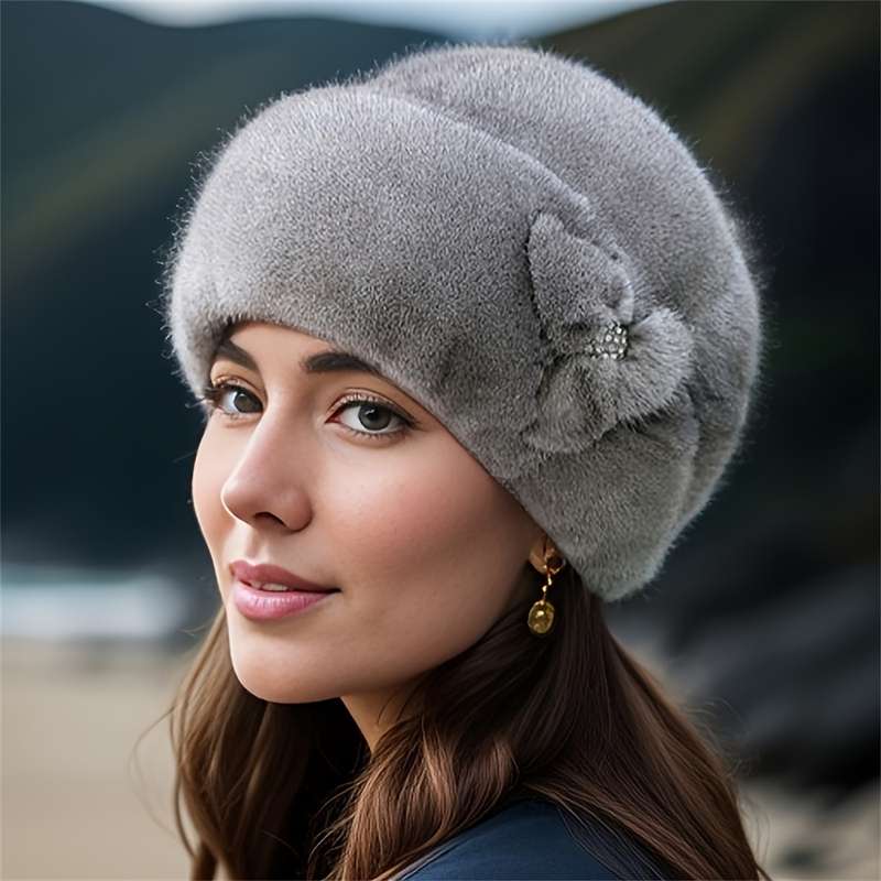 1pc Winter Warmth Faux Fur Elastic Fit Hat One Women's Ear-warming Knitted Solid Color Hat Poly