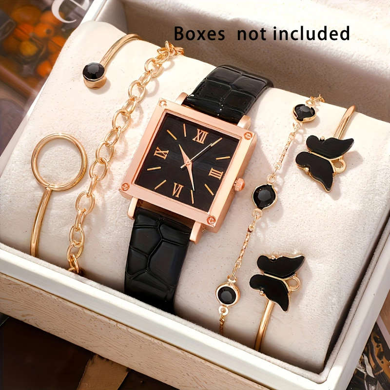 5pcs set Women's Square Personalized Romantic Quartz Watch Simulated PU Leather Strap Watch Paired
