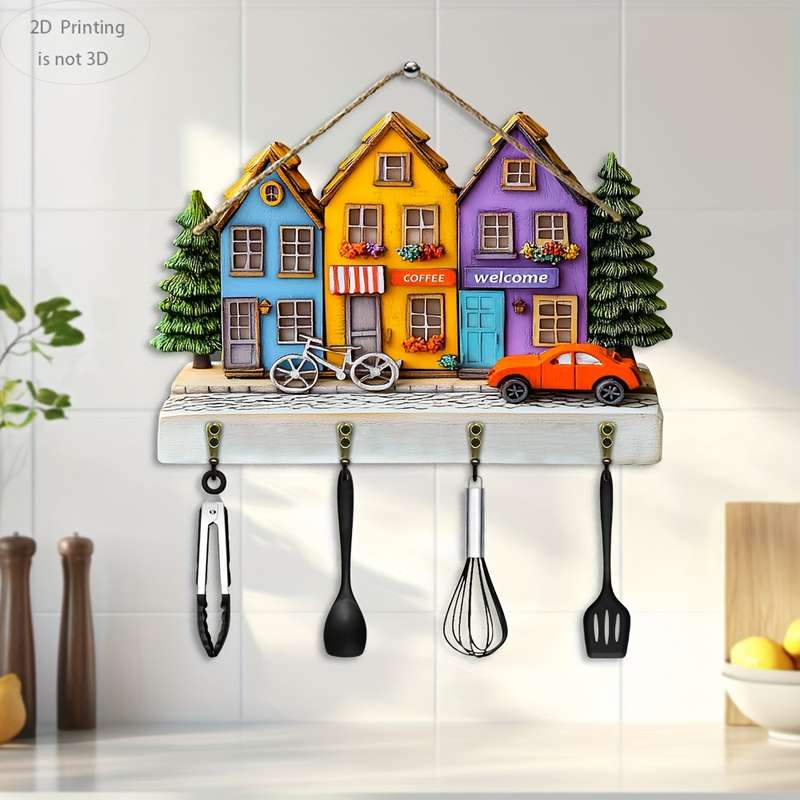 2D Flat 2D flat 1pc Warm Town CafeWooden multifunctional home key hanger (29.97cm x 22.86cm) w