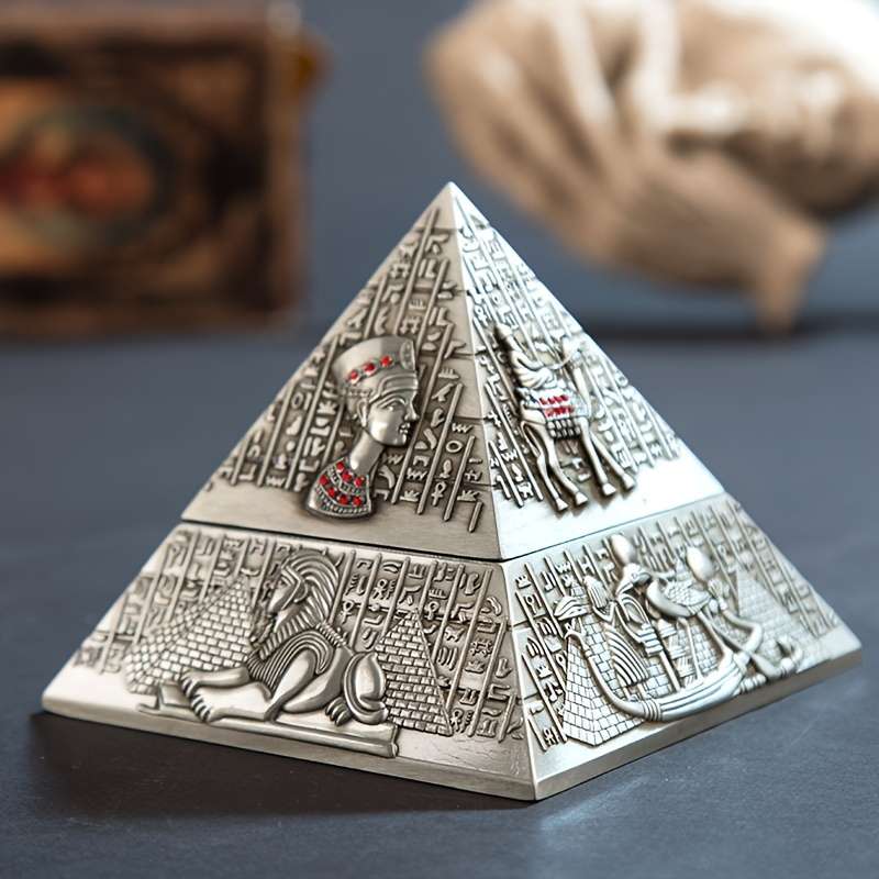 1pc Vintage Egyptian Pharaoh Metal Pyramid Ashtray Triangular Hieroglyphic Design with Lion