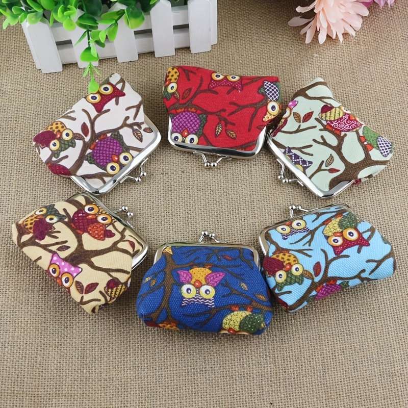 1pc Adorable Small Coin Purse Women's Canvas Owl Cartoon Coin Bag