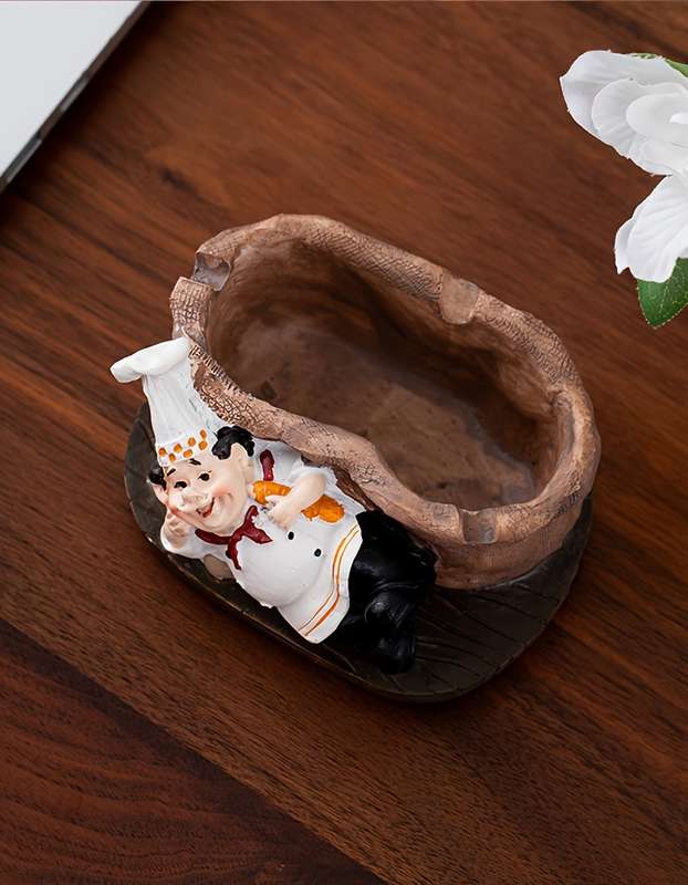 1pc Vintage Chef Ashtray Resin Food-Themed Oval Shape No Power Needed Home Kitchen Deco