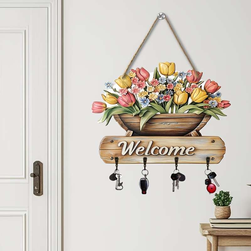 2D Flat 1pc flowers welcome simple colorful wood with home key hanger with four metal hooks (30.0
