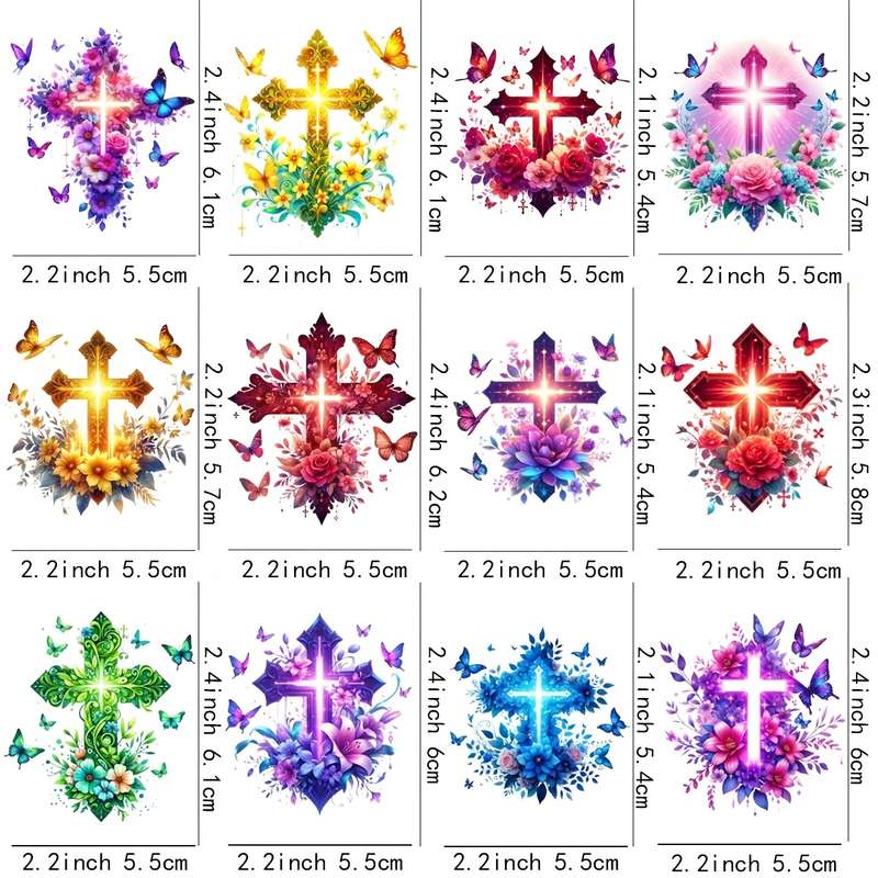 12pcs Lighted Floral Cross Jesus Christian Themed Stickers