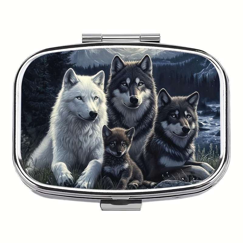 1pc Wolf Family Metal Pill Box C Portable Decorative Organizer with Realistic Wolf Artwork Com
