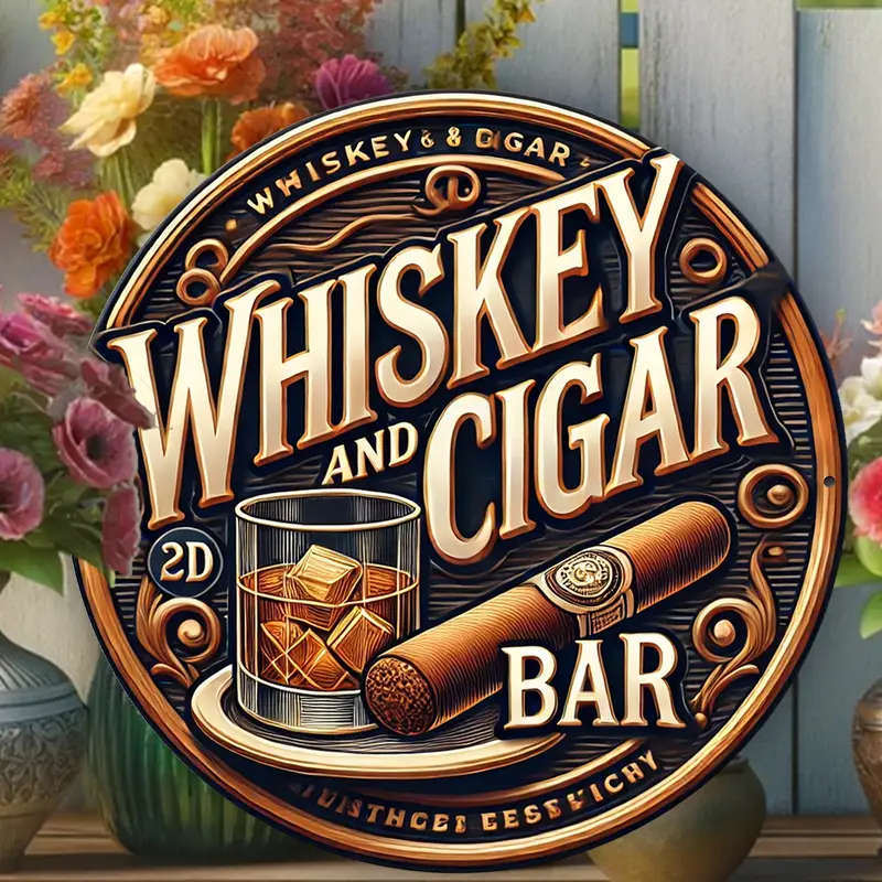 1pc Vintage Whiskey Cigar Metal Wall Art 20.32X20.32cm Aluminum Sign for Bar Man Cave and Home Decor