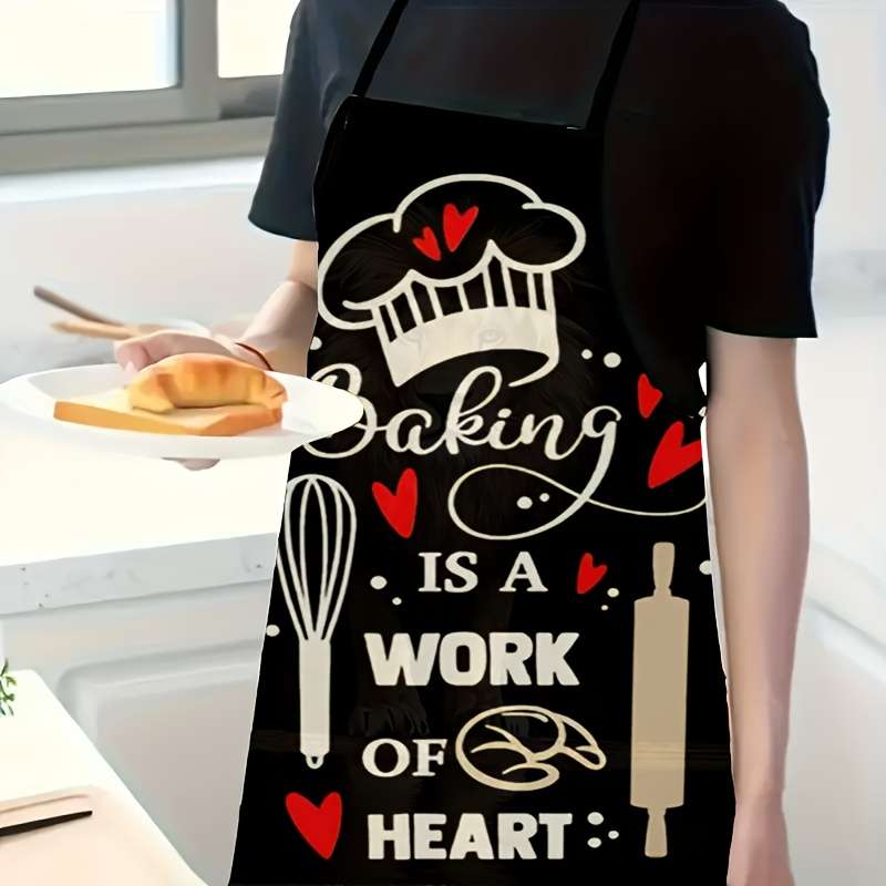 1pc "Baking Is A Work Of The Heart" Polyester Apron for Home Outdoor BBQ Party Cleaning with