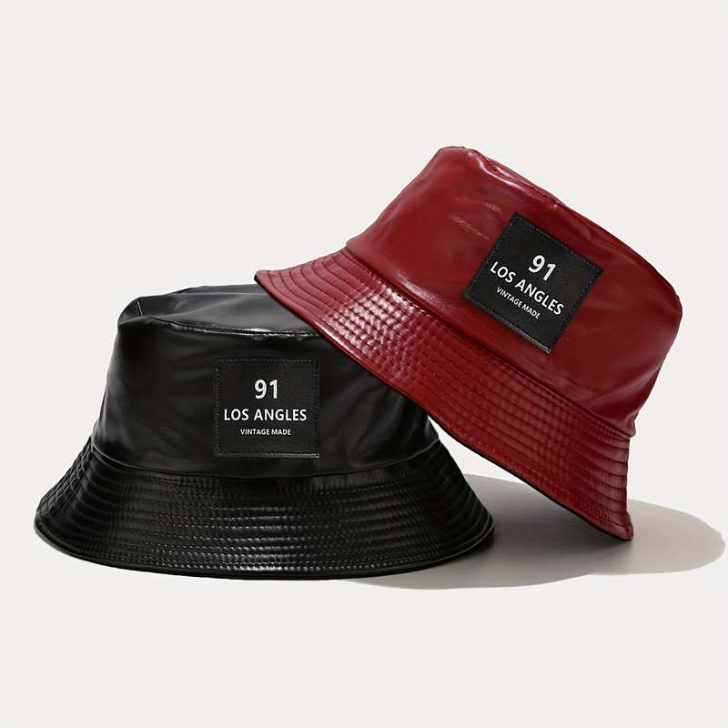 1pc 91 LOS ANGELES VINTAGE MADE Label PU Bucket Hat Breathable Sun Hat for Outdoor Sports V