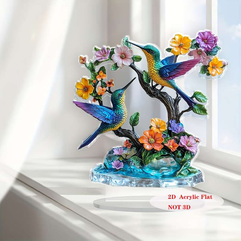 1pc 2D Flat   Bohemian Style  Acrylic Hummingbird Decor Vibrant Bird Flower Sculpt with S