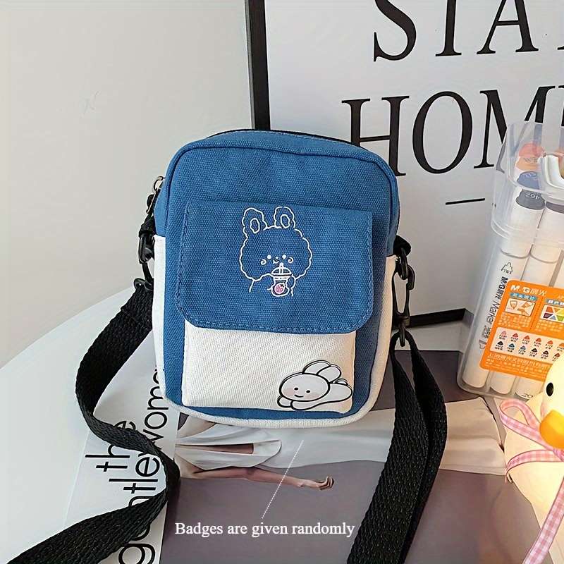 1pc Cute Bunny Canvas Crossbody Bag for Girls Simple Shoulder Messenger with Color-Block Desi