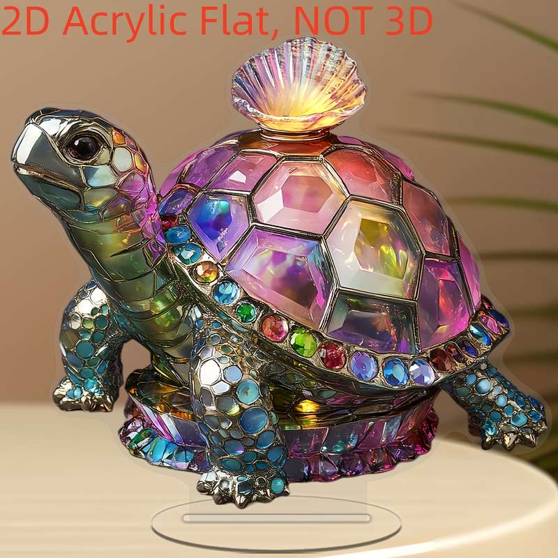 1pc 2D Flat   Crystal Iridescent Turtle Figurine Acrylic Decorative Sculpture with Base Contemp
