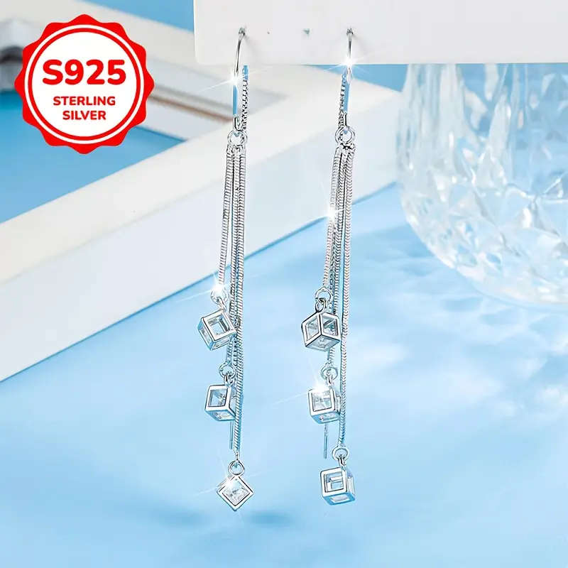 925 Silver Plated , Hypoallergenic Long Triangular Love Cube Tassel Earrings