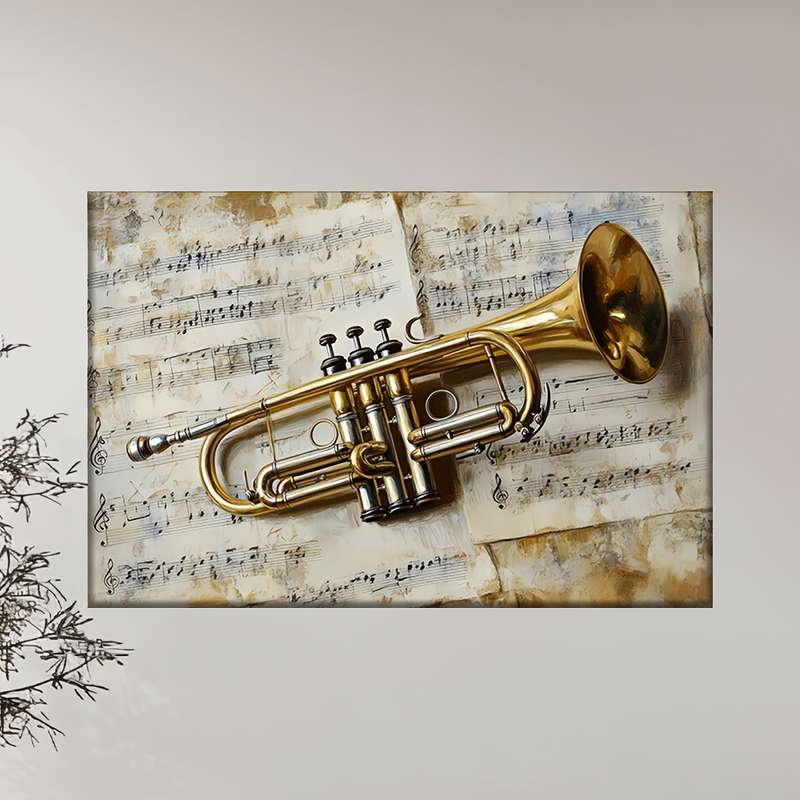 1pc 2D Flat  Unframed Canvas Art Golden Trumpet with Music Notes Abstract Music-Themed Wall