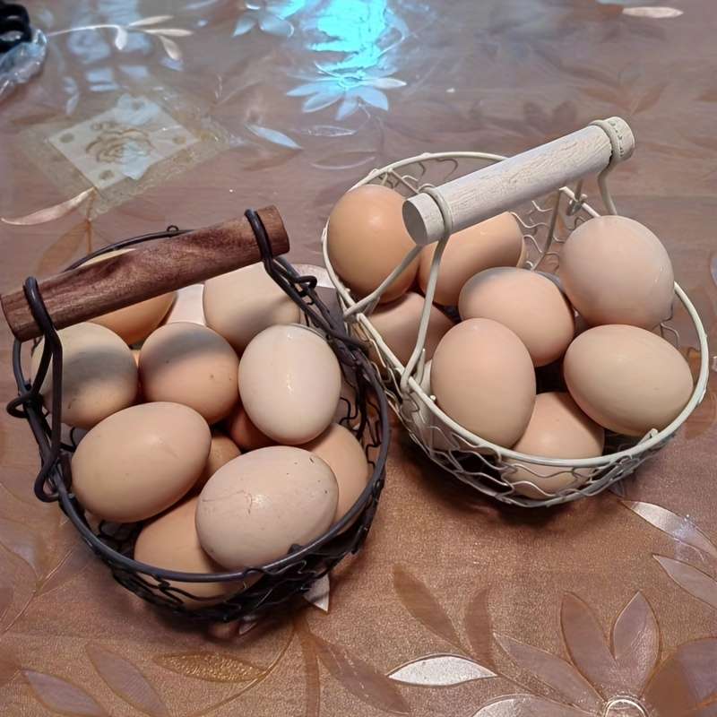 1pc Rustic Farmhouse Style Egg Basket Durable Iron Wood Wire Storage for Eggs Bread Fruit an