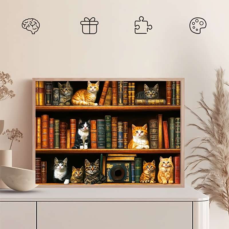 1000pcs Mini Jigsaw Puzzle Cute Cats on Bookshelf Design 38x26cm Gray Cardboard