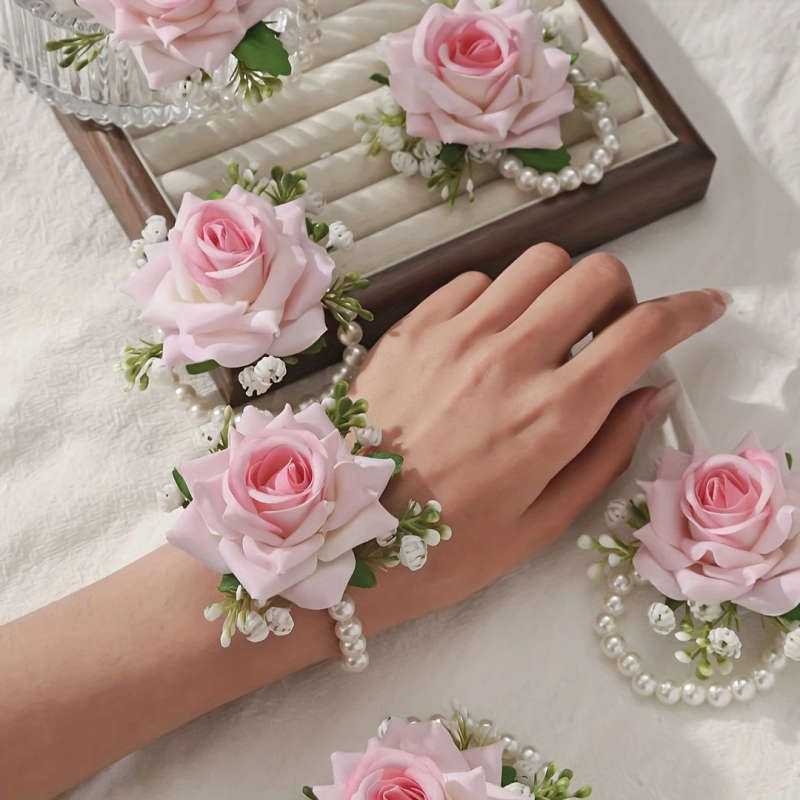 Random Colors 6pcs Elegant Red Rose Wrist Flowers With White Gypsophila And Faux Pearl Chain