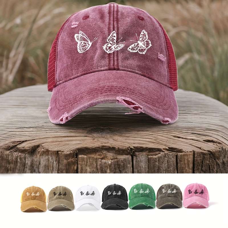 1pc Chic Butterfly Print Baseball Cap for Women Adjustable Lightweight Distressed Look Perfe