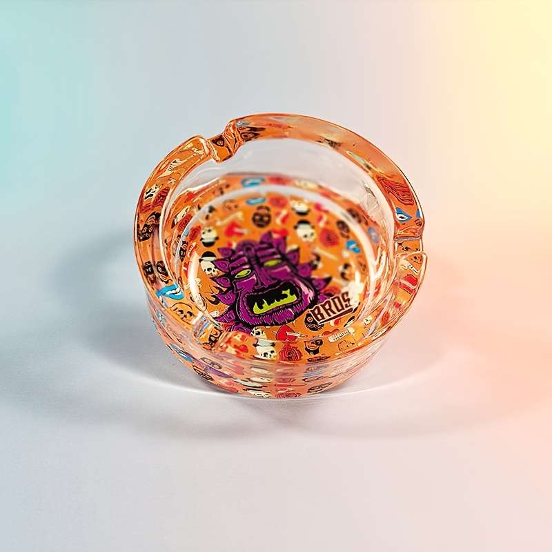 1pc Creative Patterned Glass Ashtray Round Transparent Design with Vibrant Monster Graffiti