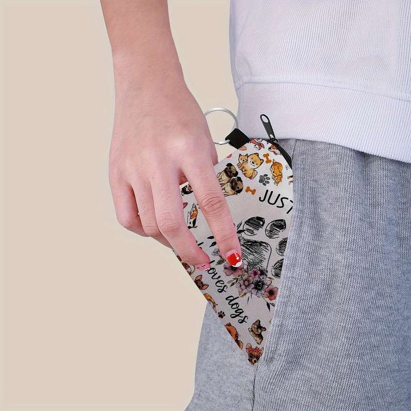 1pc SWEET Cute Dog Print Purse Lightweight Zipper Pouch with Keychain Small Capacity Multifu