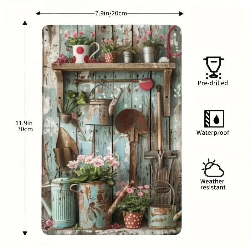 1pc Vintage Gardening Tools Metal Tin Sign 20.32x30.48cm Rustic Iron Wall Art Pastoral-Themed Home G