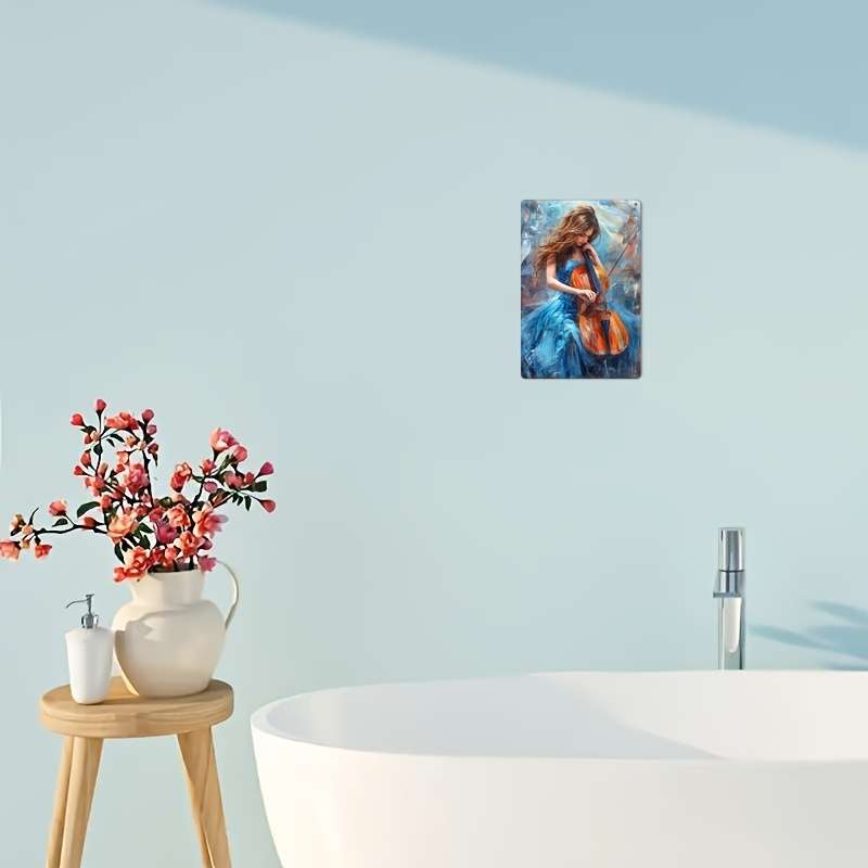 1pc 2D Flat Iron Wall Art Logo Cello Artist Blue Dress Woman Music Studio Art Music Student Gif