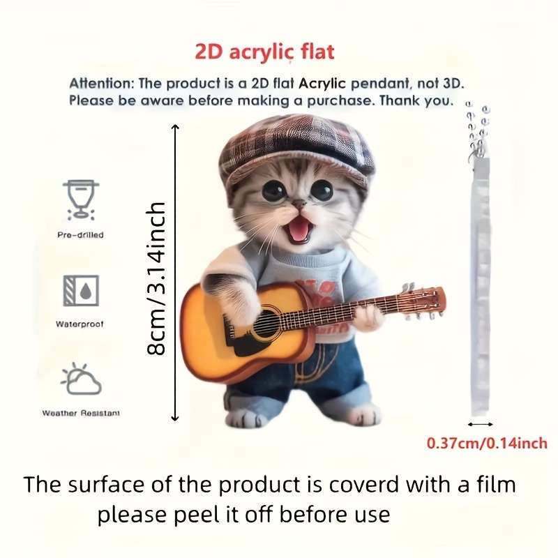 1pc 2D Flat  Charming Acrylic Guitar Cat Car Mirror Charm Decorative Art Pendant for Home Vehicl