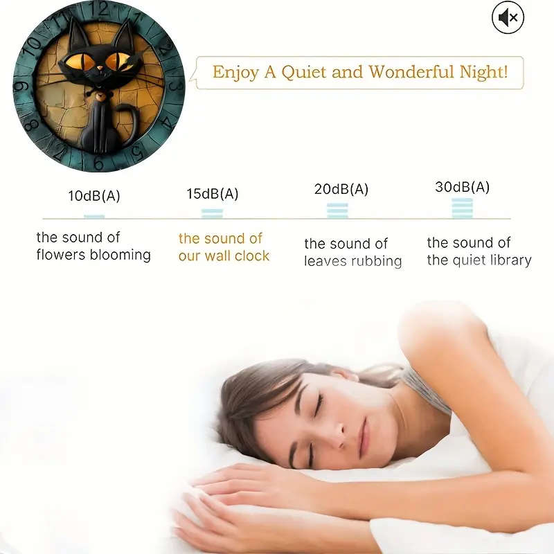 1pc Black Cat Silent Wall Clock Digital Wood Display Round Shape AA Battery Operated Non-Ticking Dec
