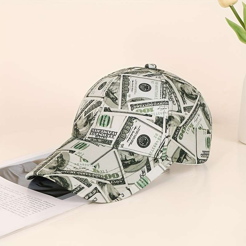 1pc Funky Money Print Baseball Cap 100% Polyester Lightweight Adjustable Hip-Hop Hat Unisex for Mus