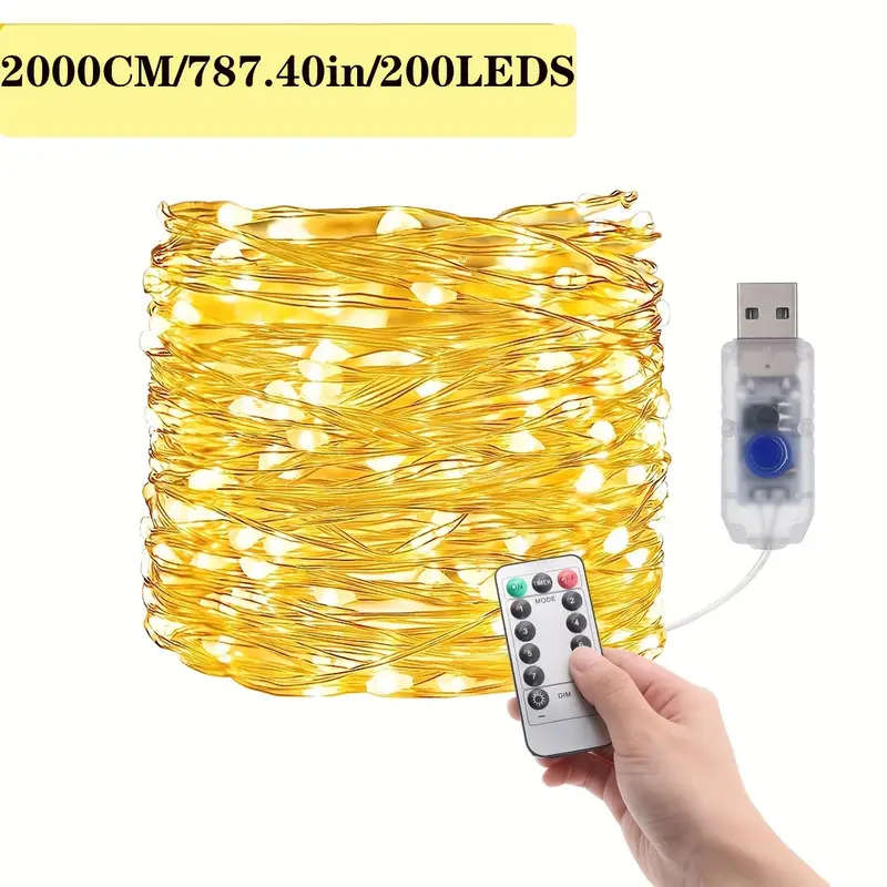 1pc USB Silvery Wire Light String 20m Warm White
