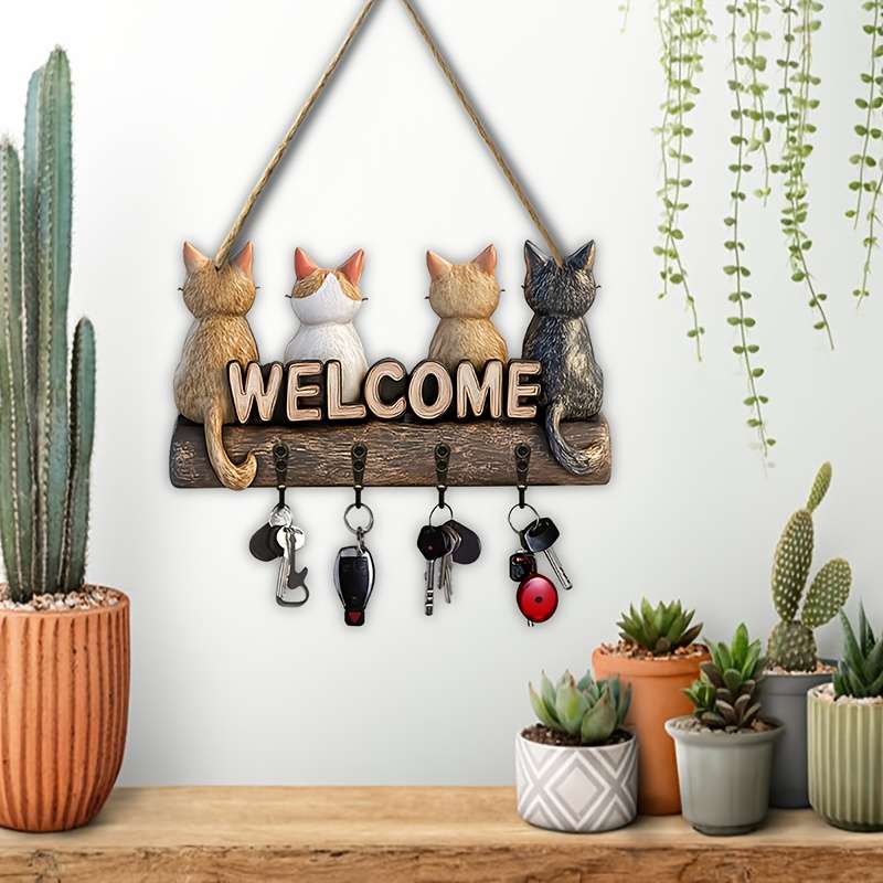 1pc Simple Colorful Wooden Kitten with Home Key Hanger with Four Metal Hooks 30.0cm x 23.5cm Wall