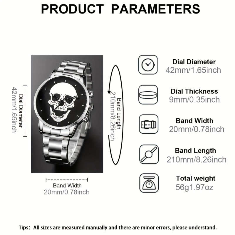 4 Piece Set Men's Watch Fashion Personality Skull Round Disc Quartz Watch