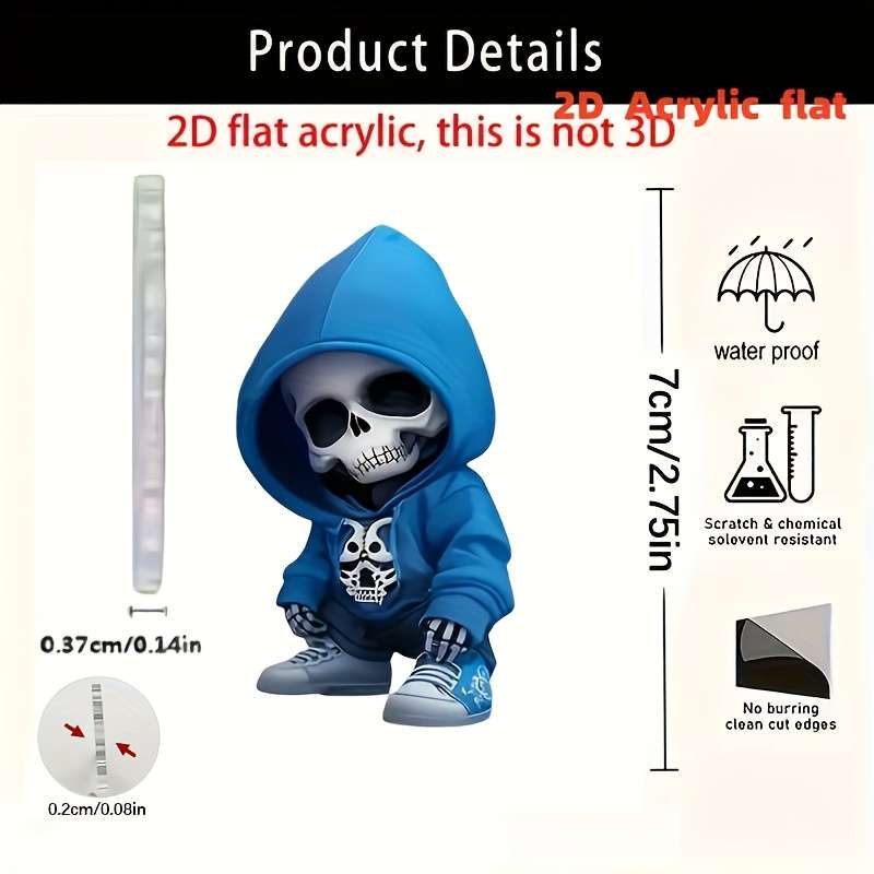 1pc 2D Flat  Elegant  Acrylic Skull Pendant with Blue Hoodie Design 31cm 12.2" Flat Charm for