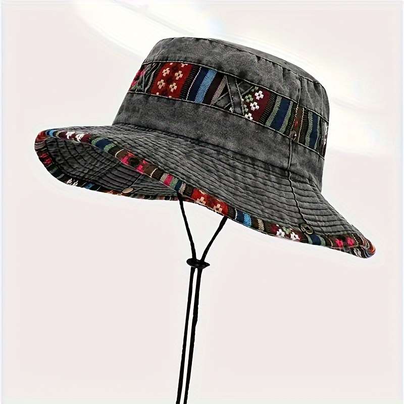 1pc Vintage Colorful Brim Boonie Hat for Women Sporty Woven Sun Hat with Adjustable Chin Strap G