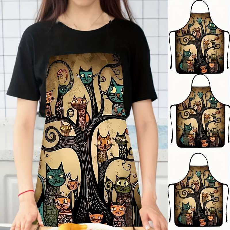 1pc Colorful Cartoon Cat Print Polyester Apron Sleeveless Durable Kitchen Cleaning Bib
