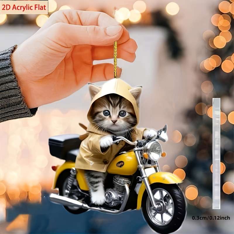1pc 2D Flat  Acrylic Car Dangling Charm Classic Style Acrylic Cat Riding a Motorcycle Keychain B
