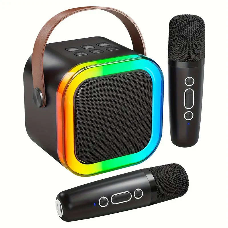 Mini Karaoke Machine for Youngsters Wireless Speaker with 2 Wireless Microphone and LED Lights