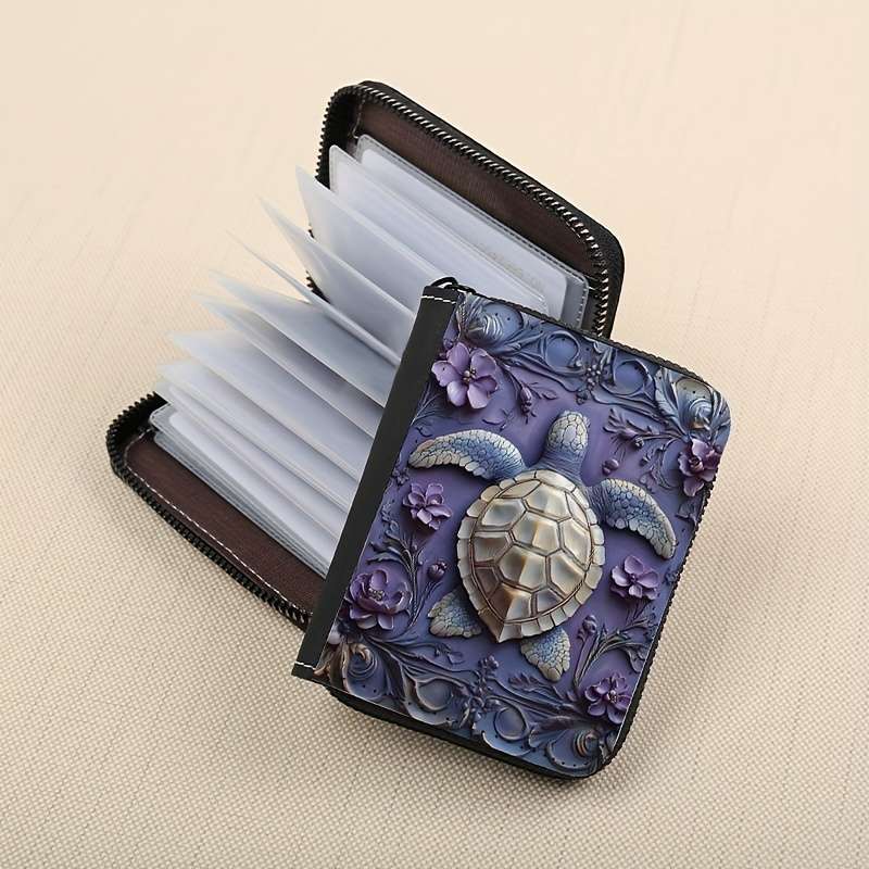 1pc Floral Turtle Print Zipper Wallet 24 Card Slots Coin Purse ID Holder Stylish Card Cas