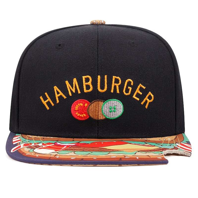 1pc Men's Cap With HAMBURGER Embroidery And A Flat Brim Men's Casual Adjustable Buckle Baseball Ca