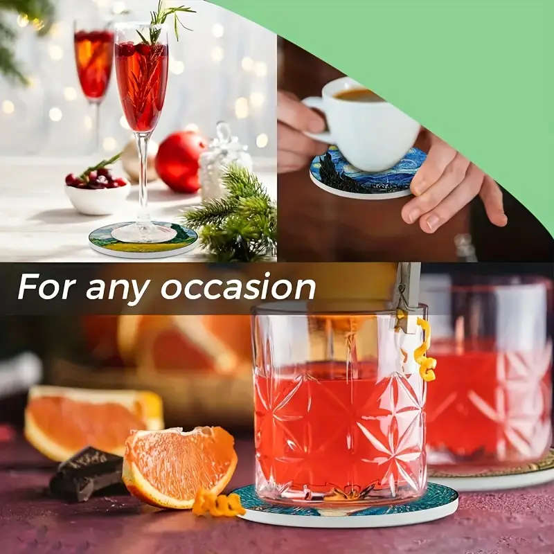 8 Piece Oil Painting Art Wooden Coasters Set, Round Coasters Suitable for Coffee Table