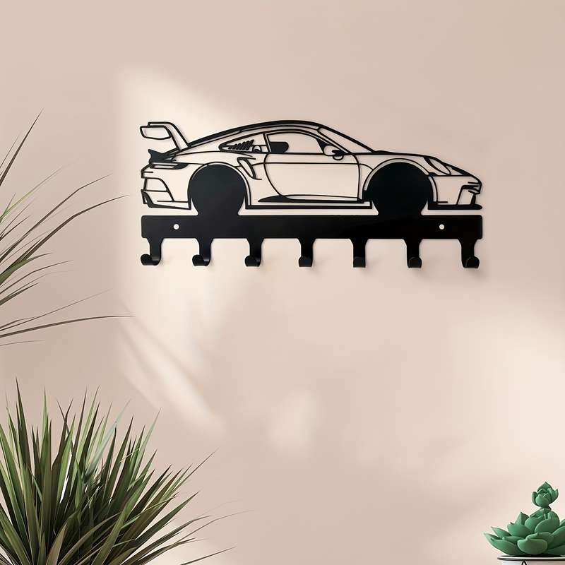 Black Metal Car Key Holder with 4 HooksStylish Sports Car Design for Keys Coats Towels Hats a