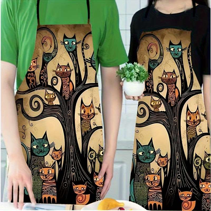 1pc Colorful Cartoon Cat Print Polyester Apron Sleeveless Durable Kitchen Cleaning Bib