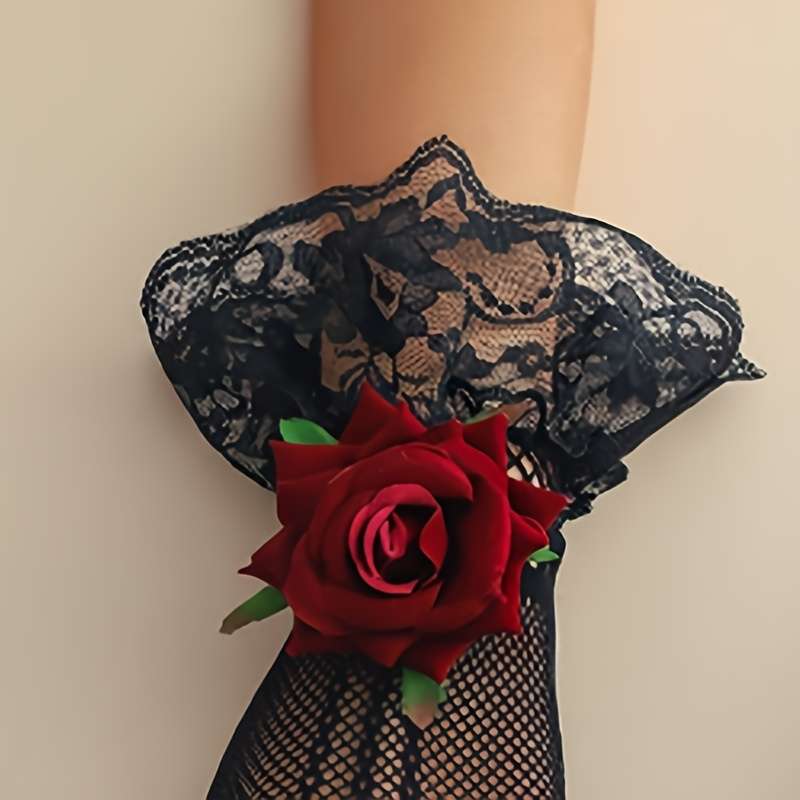 1 Pair Polychrome Floral 3D Rose And Lace Gloves